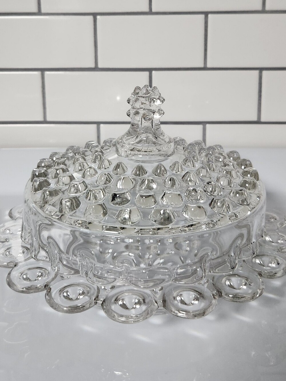 Antique Round Covered Butter Dish In Dewdrop Pattern